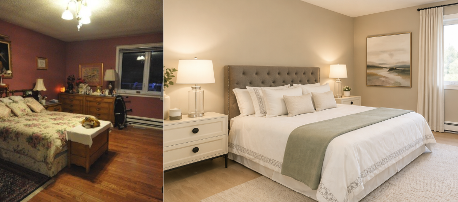 Before and after home staging transformation showing a cluttered bedroom converted into a bright, professionally staged space with neutral decor, layered bedding, and improved buyer appeal.