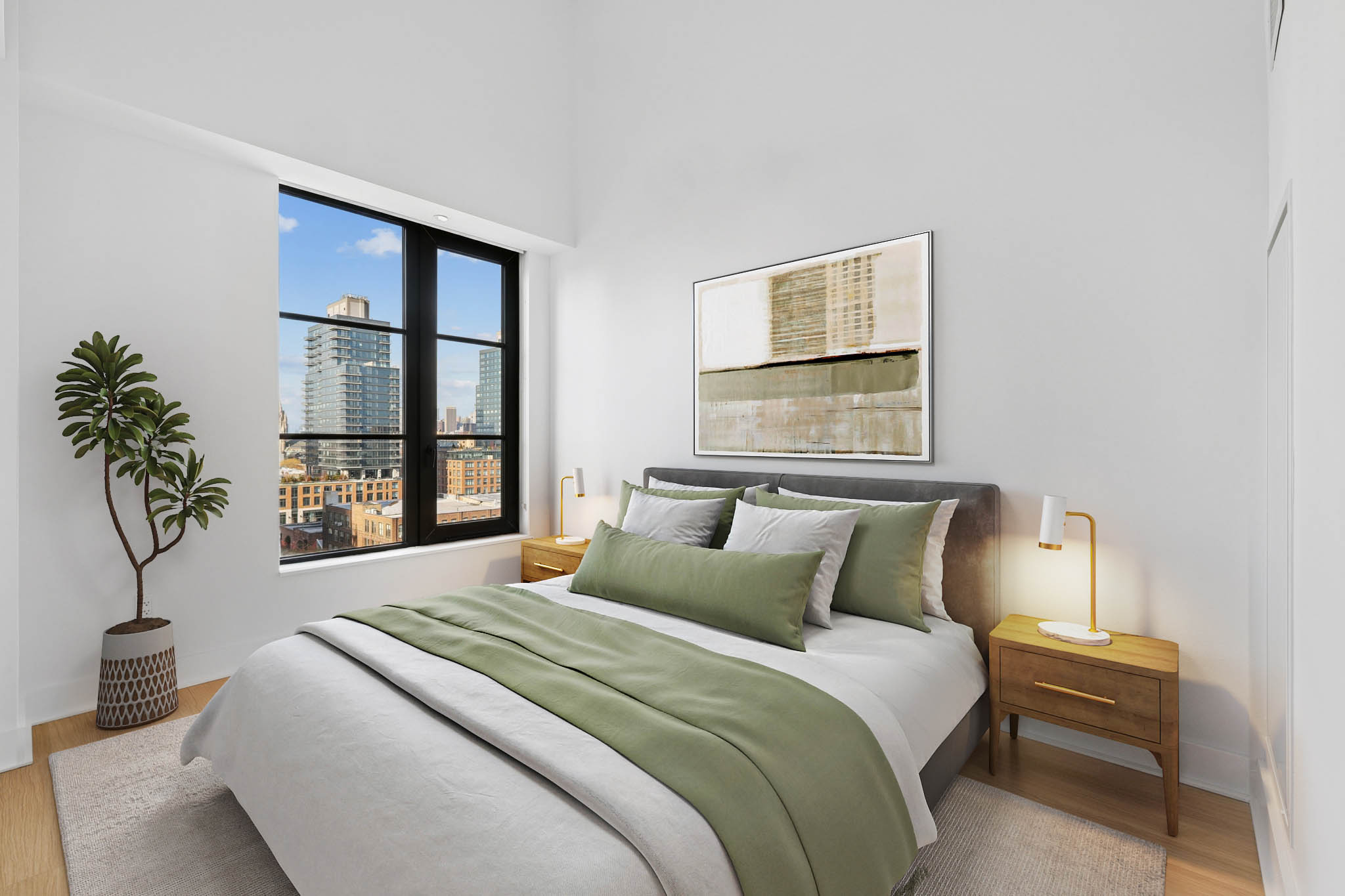 Virtually staged bedroom designed with modern furnishings and calming neutral tones to enhance click through rates.