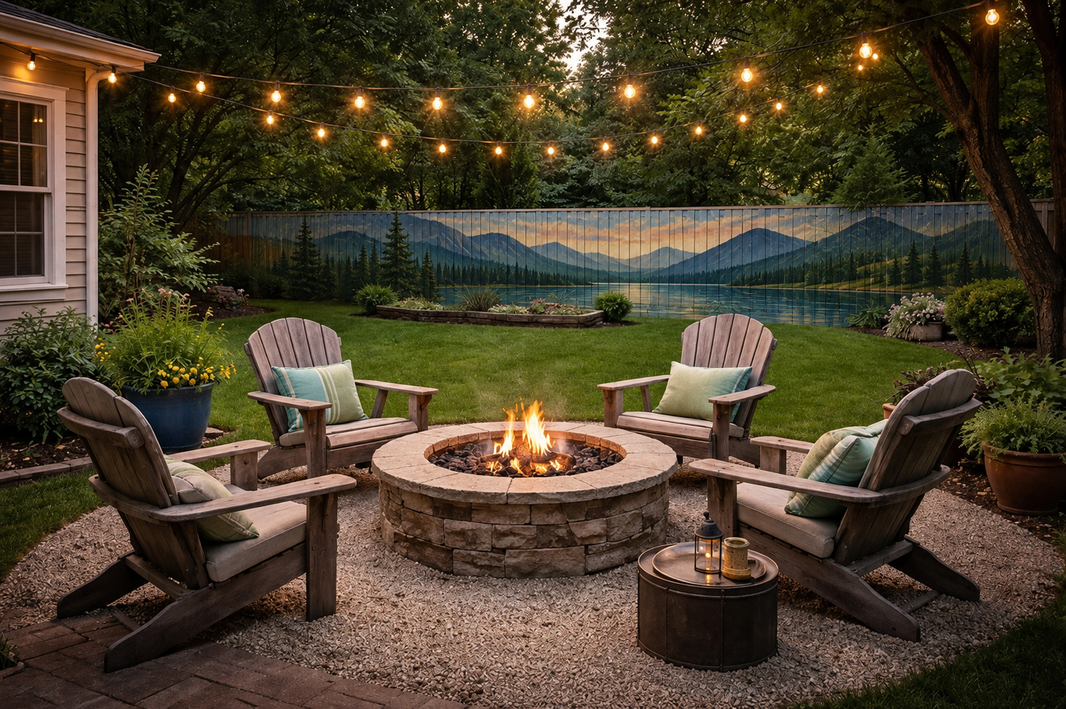 Backyard fire pit seating area with Adirondack chairs, string lights, landscaped lawn, and a lake-inspired mural painted on the fence. Backyard fire pit seating area with Adirondack chairs, string lights, landscaped lawn, and a lake-inspired mural painted on the fence.
