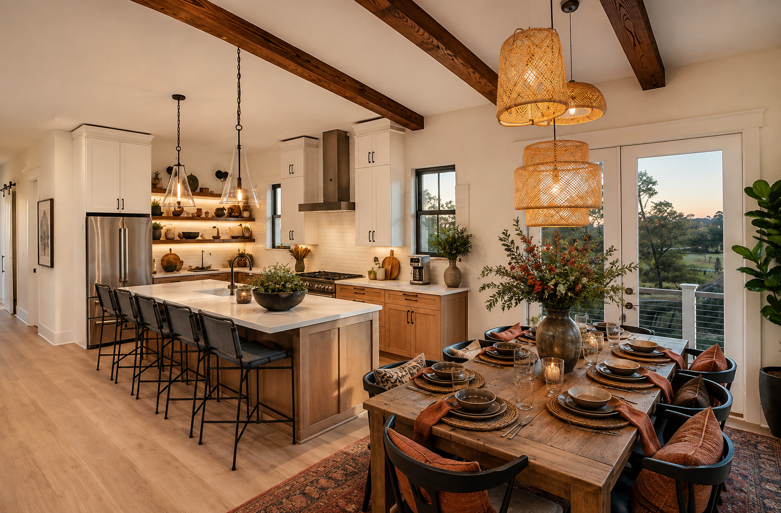 Short-term rental dining area with large wooden table, seating for eight, open-concept kitchen, island seating, and warm pendant lighting. Short-term rental dining area with large wooden table, seating for eight, open-concept kitchen, island seating, and warm pendant lighting.