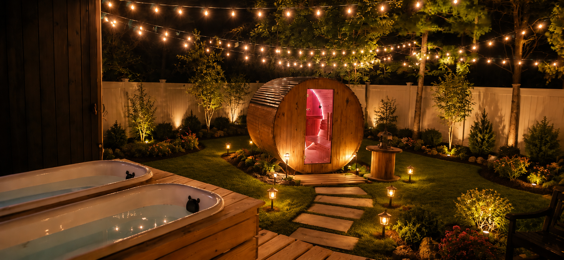 Short-term rental backyard wellness area with soaking tubs, barrel sauna, landscaped garden, pathway lighting, and string lights at night. Short-term rental backyard wellness area with soaking tubs, barrel sauna, landscaped garden, pathway lighting, and string lights at night.