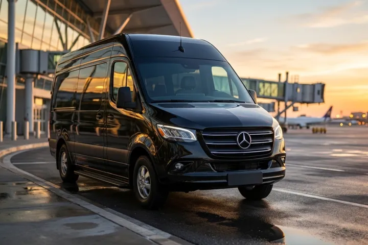 Black 10-passenger luxury van parked near an airport terminal at sunset