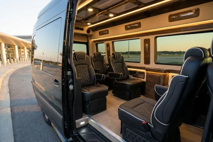 Luxury 10-passenger van interior with premium leather seats and ambient lighting