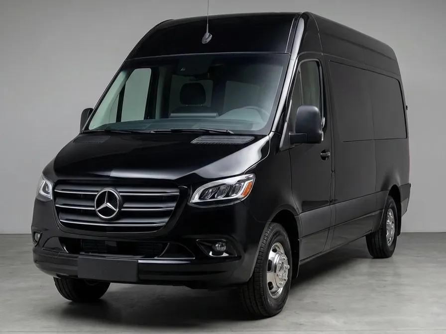 Black Mercedes Sprinter van shown as part of a professional passenger van rental fleet