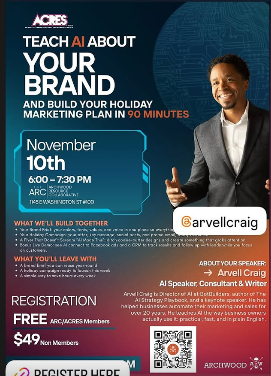 ACRES workshop flyer: Teach AI About Your Brand, Nov 10, 6–7:30 PM at The ARC