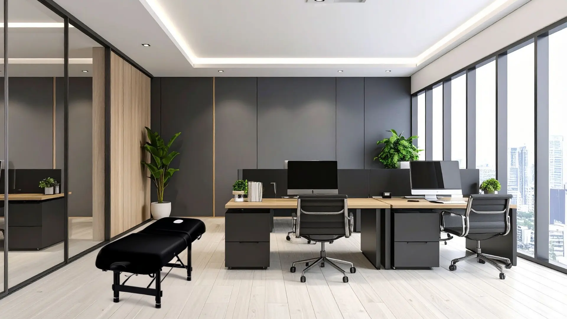 Modern corporate office with chiropractic table