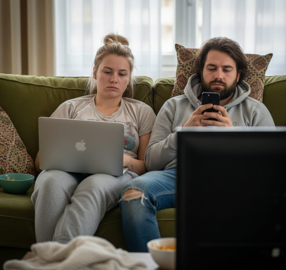 Couple scrolling property sites on the sofa