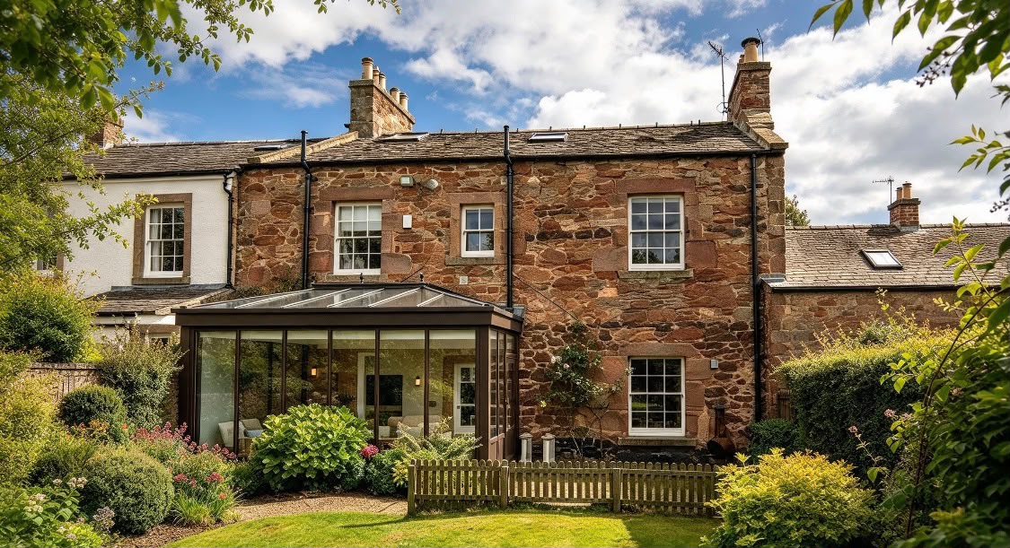 Stone house with conservatory and garden
