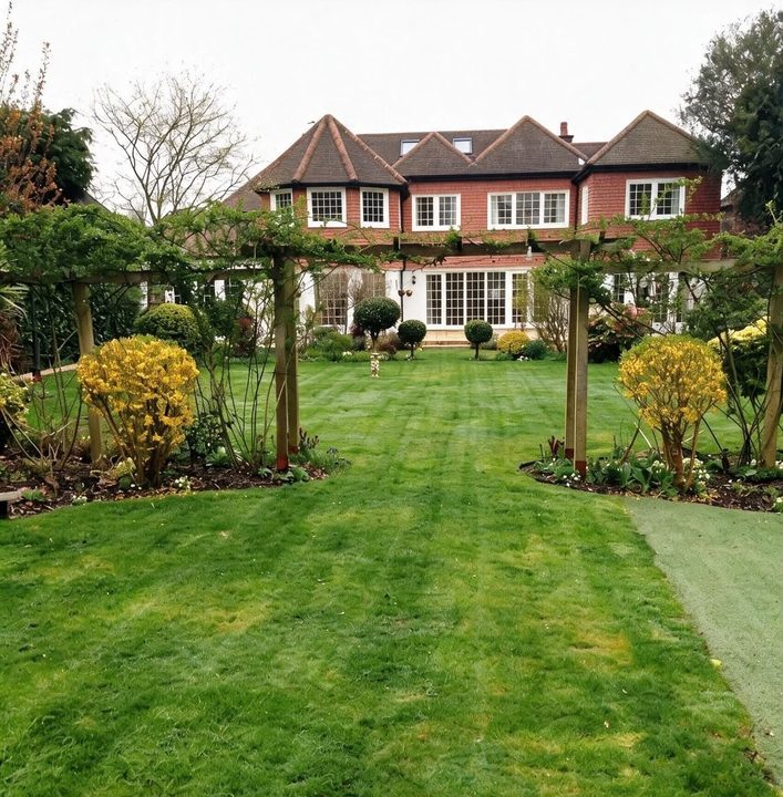 Red brick house with garden pergola