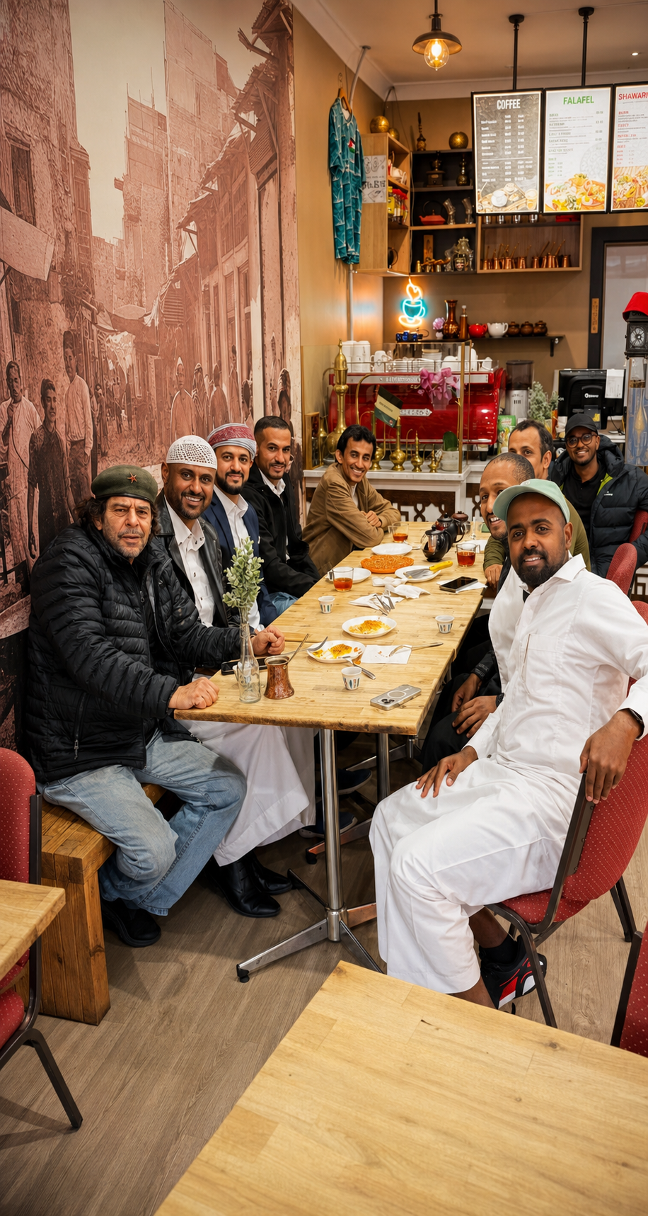 A diverse community gathering sharing a large knafeh tray