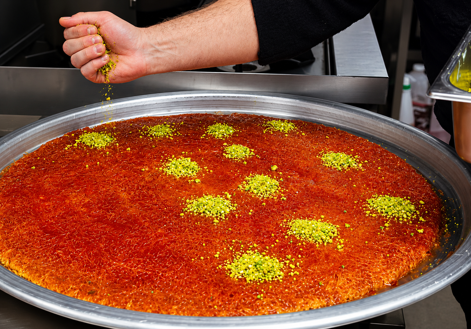 Large copper tray of freshly made knafeh nabulseyeh surrounded by serving plates at a catered event