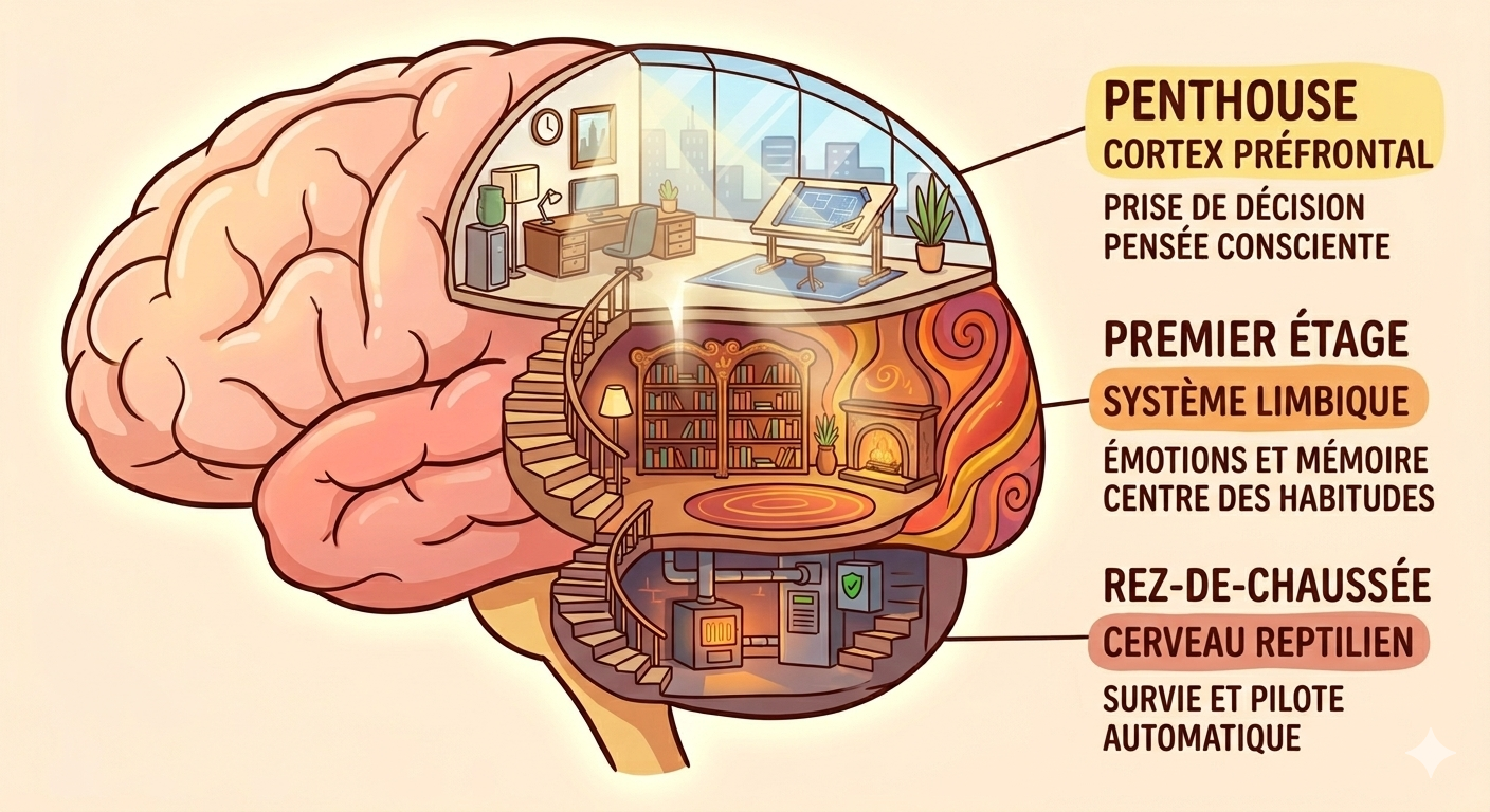 Schéma du cerveau triunique : cerveau reptilien, système limbique et néocortex. Schéma du cerveau triunique : cerveau reptilien, système limbique et néocortex.