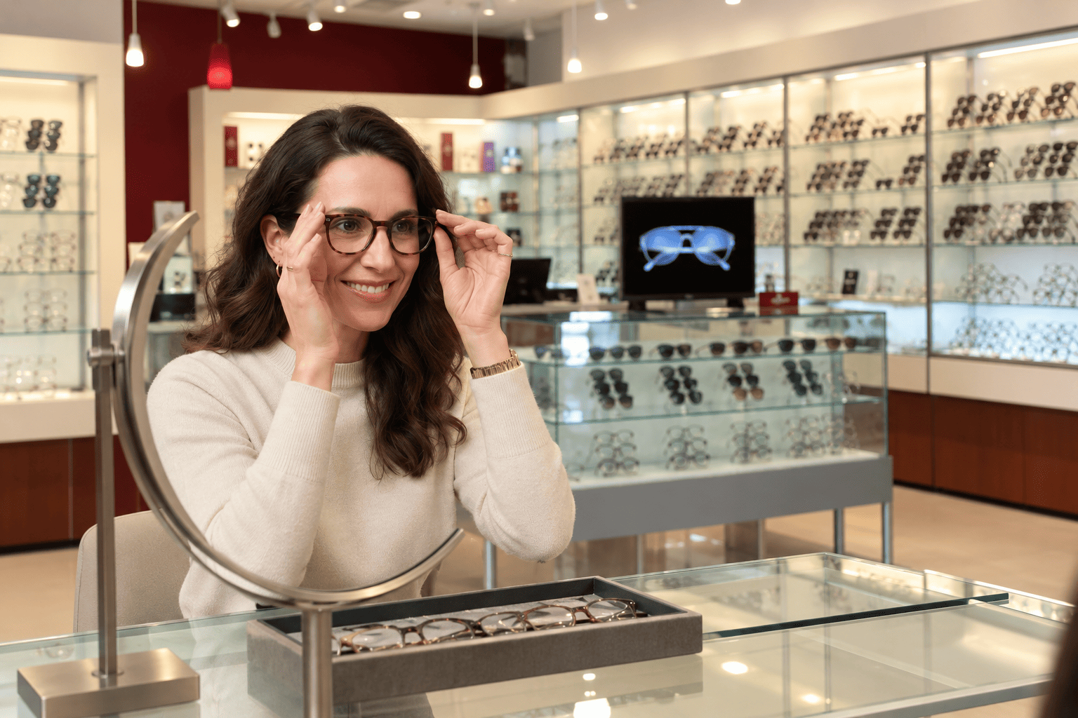 Trying on prescription eyeglasses at Optical Zone Westminster