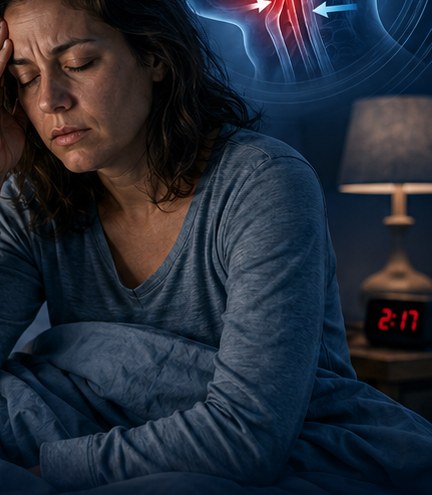 A tired woman sitting up in bed at night, holding her head