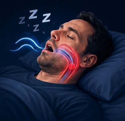 A man snoring with his mouth open, airway highlighted in red