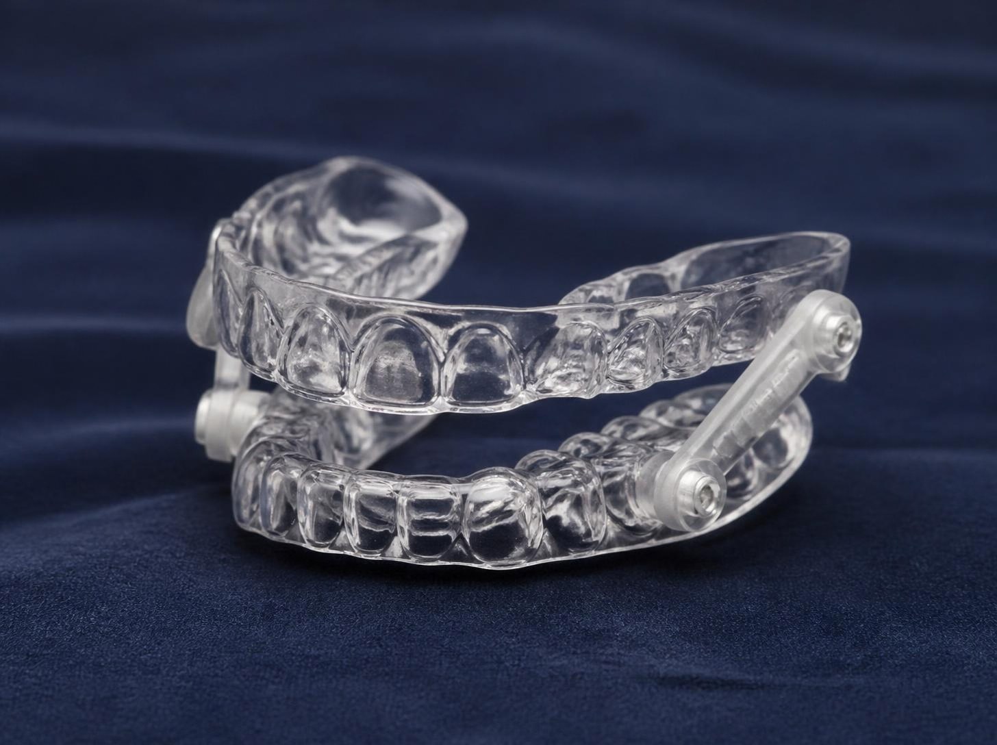 A clear, custom-made sleep apnea oral appliance with upper and lower trays joined by adjustable connectors