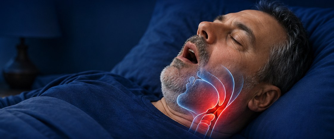 A man snoring in bed at night, with his narrowed airway highlighted in the throat