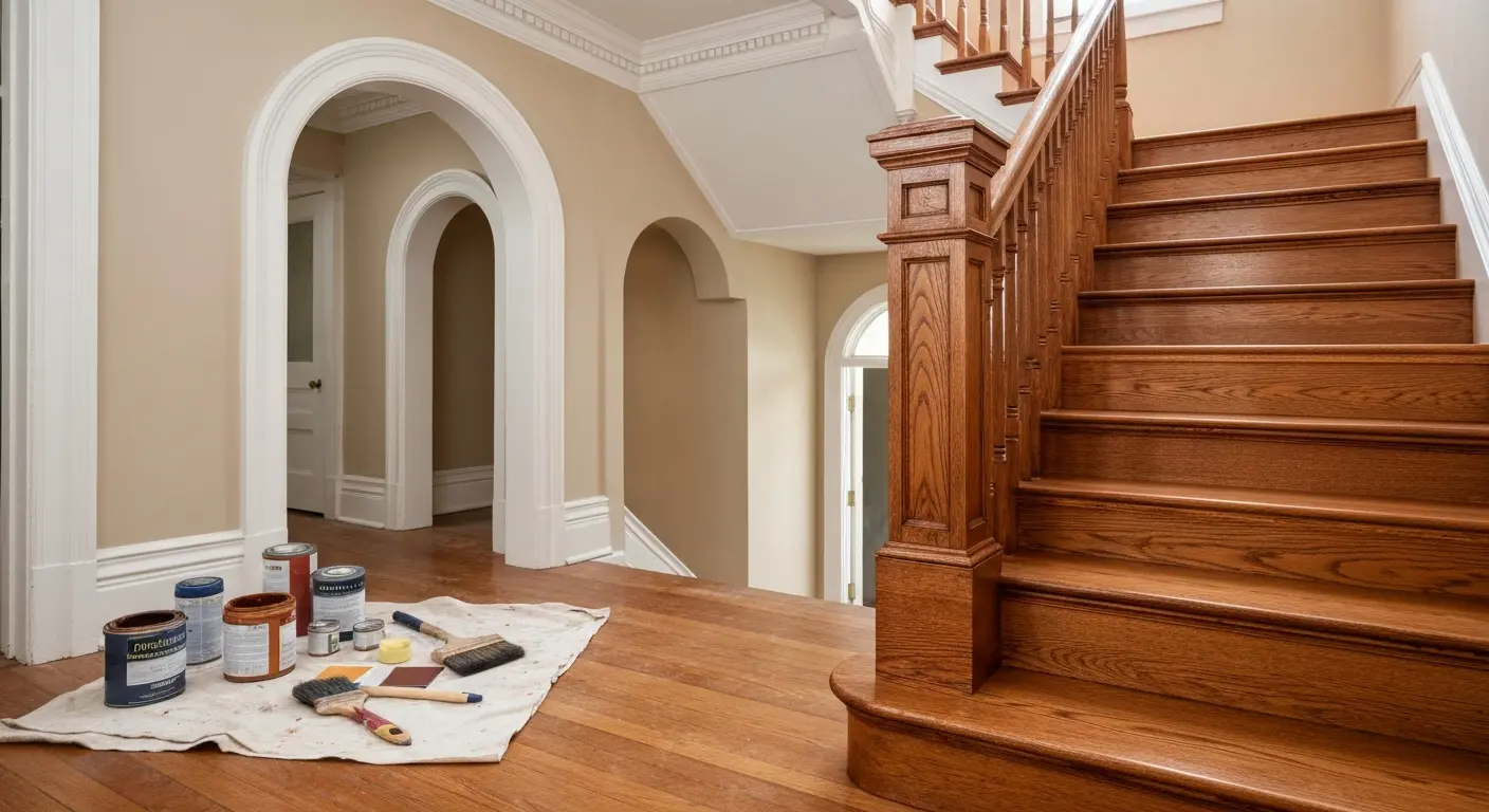 Interior staircase with rich stain finish in Safety Harbor home