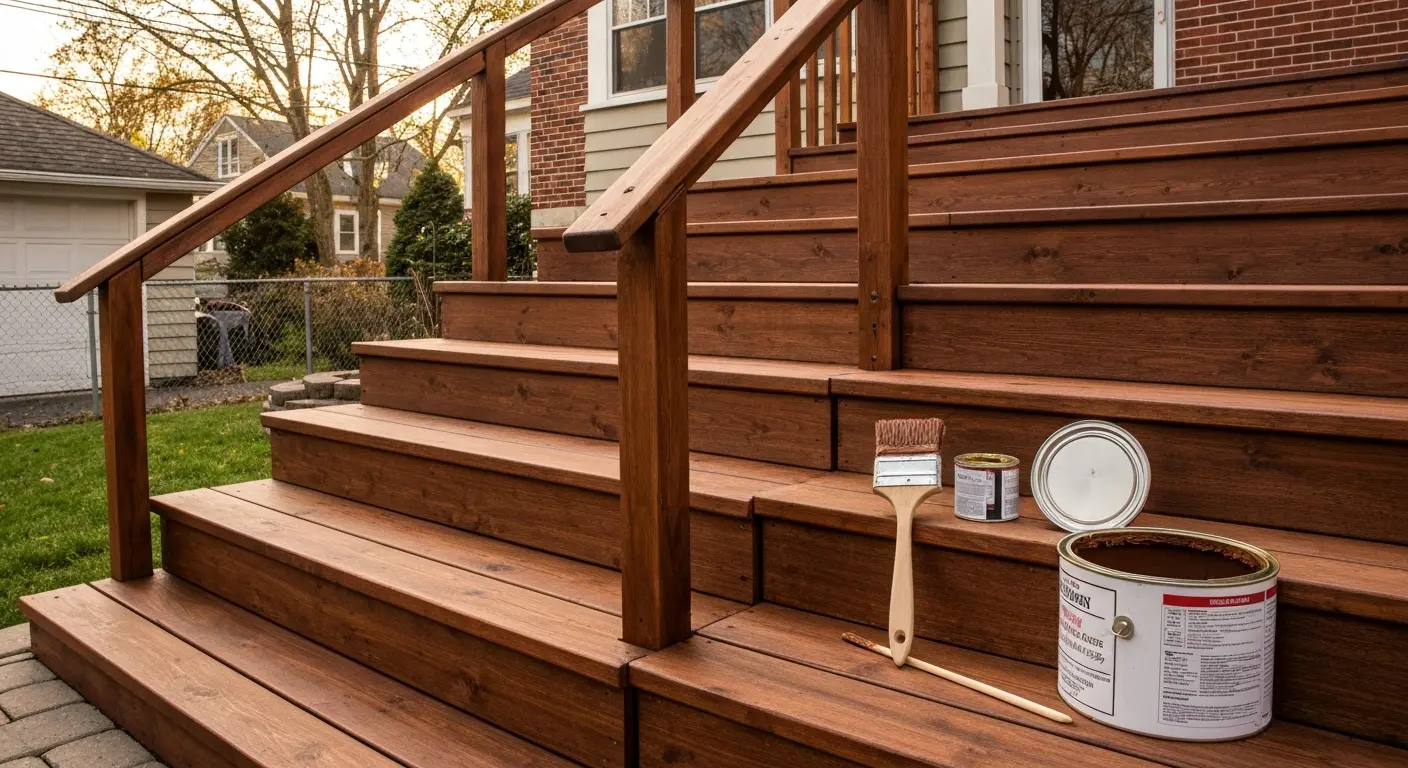 Exterior wooden stairs staining project