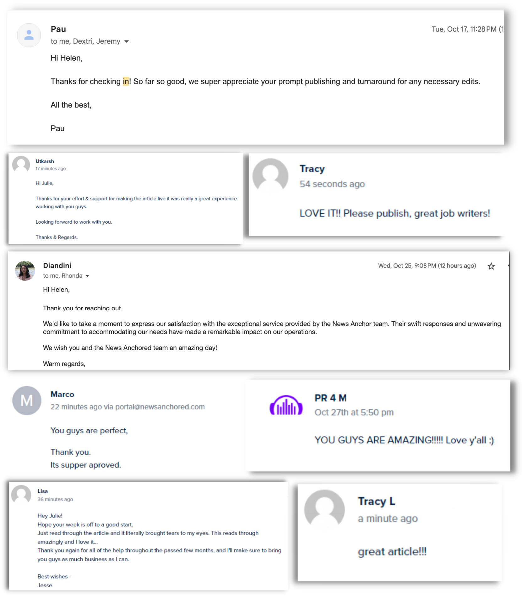 Client feedback emails and messages — Pau, Utkarsh, Tracy, Diandini, Marco, PR 4 M, Lisa, and more