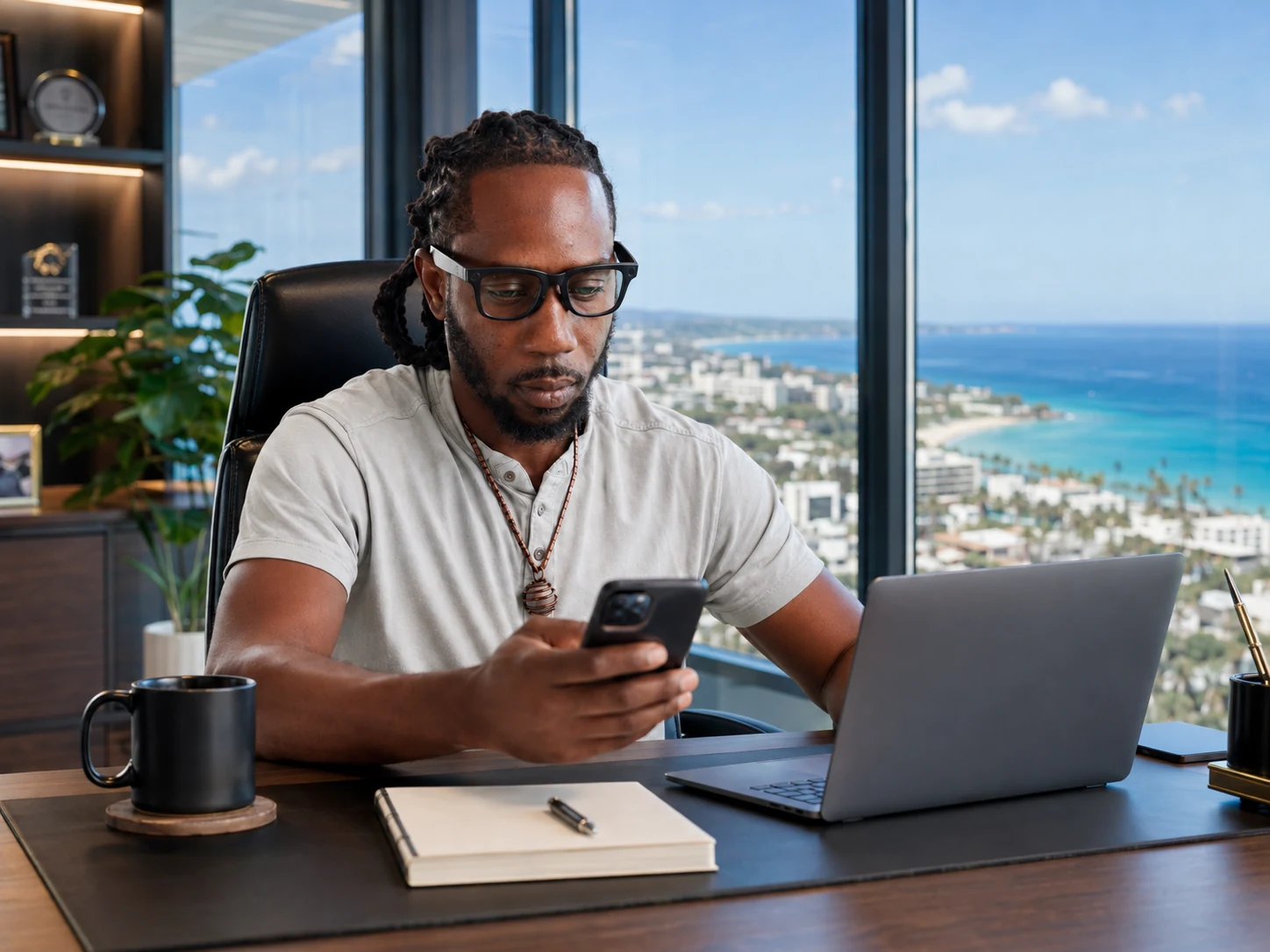 Magnivara owner-operator reviewing business activity on a smartphone beside a laptop in a high-rise coastal workspace.