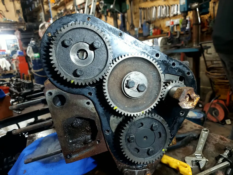 Engine timing gears with timing marks painted before strip-down