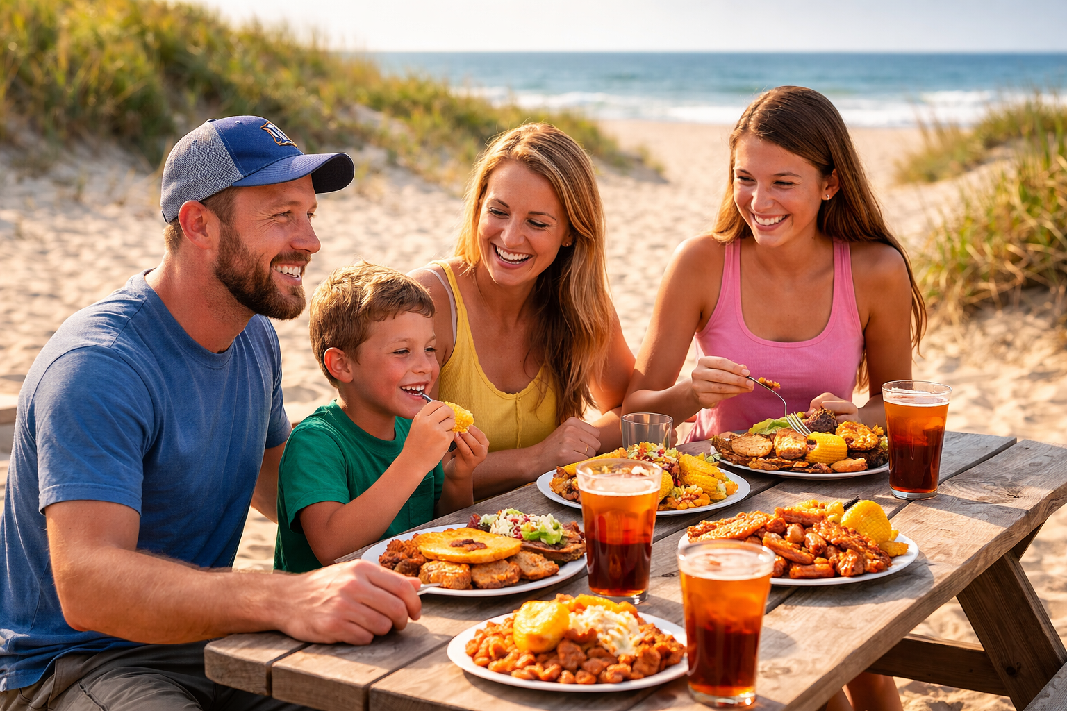 Family enjoying barbecue while visiting the Outer Banks