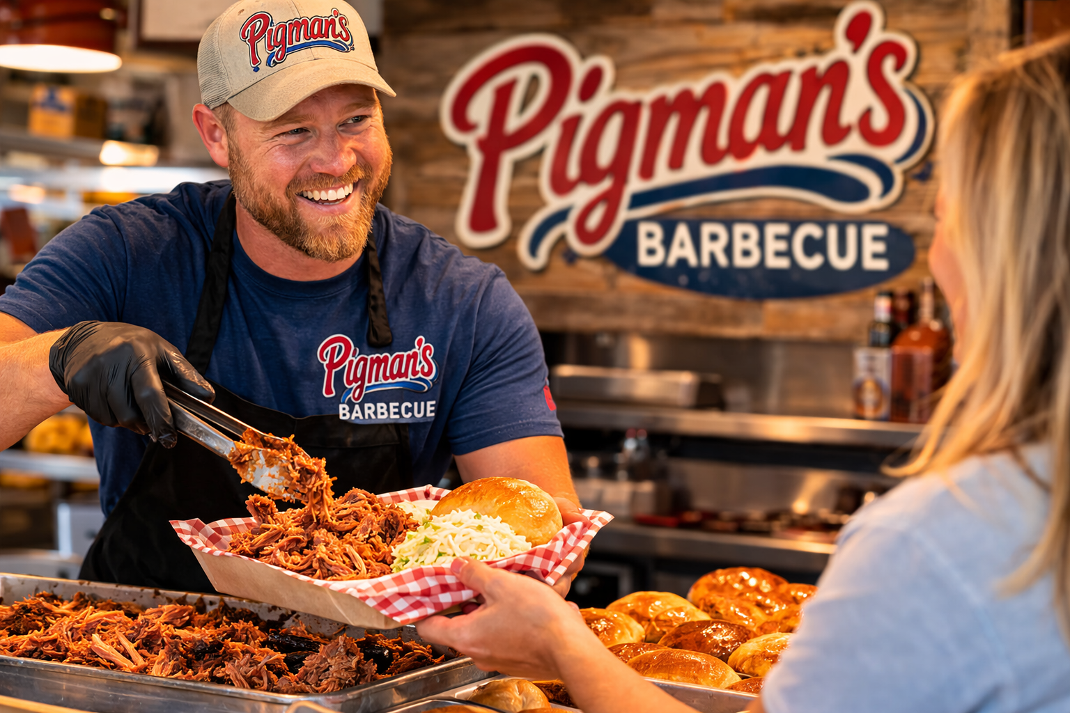Restaurant owner serving barbecue to customers at Pigman’s