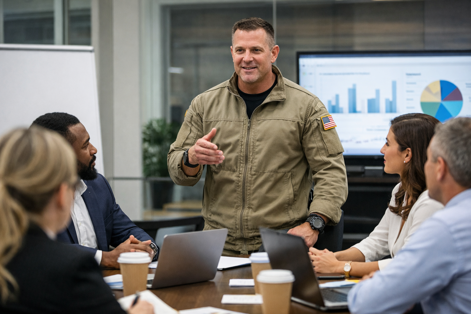 veteran leading team meeting in corporate setting