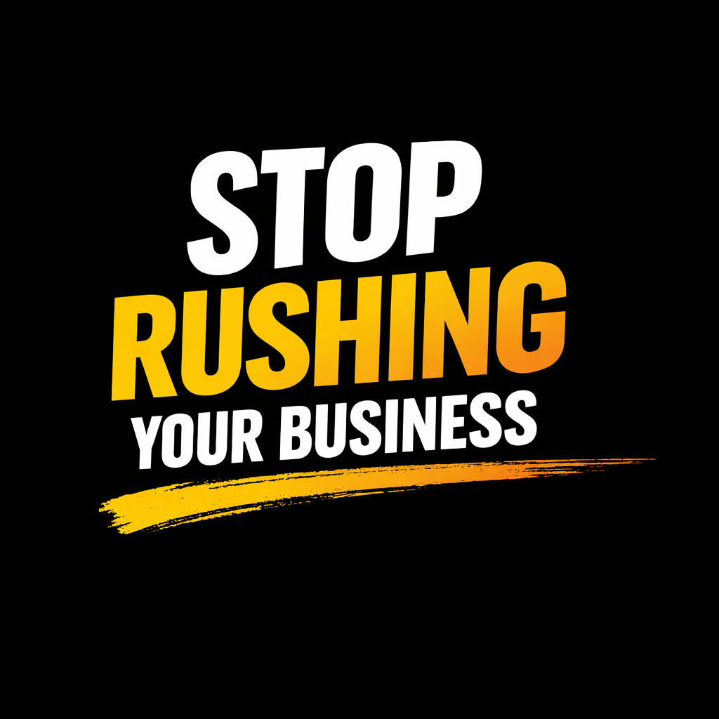 Motivational business graphic with text “Stop Rushing Your Business” on black background with yellow and orange accents