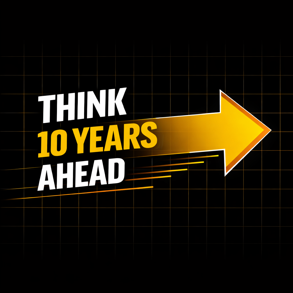 Business strategy graphic with text “Think 10 Years Ahead” with directional arrow and modern design