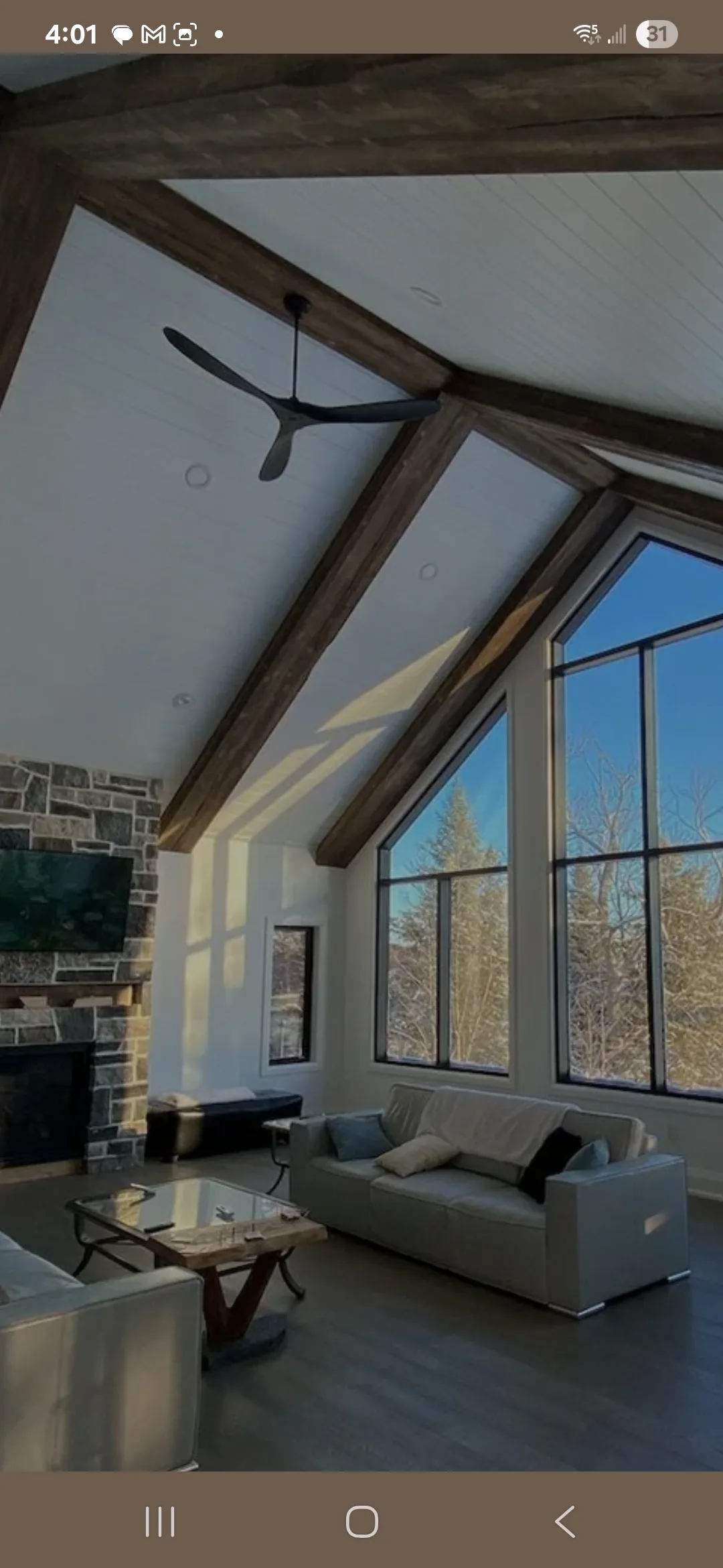 Timberlite vaulted ceiling beams — living room, Brantford