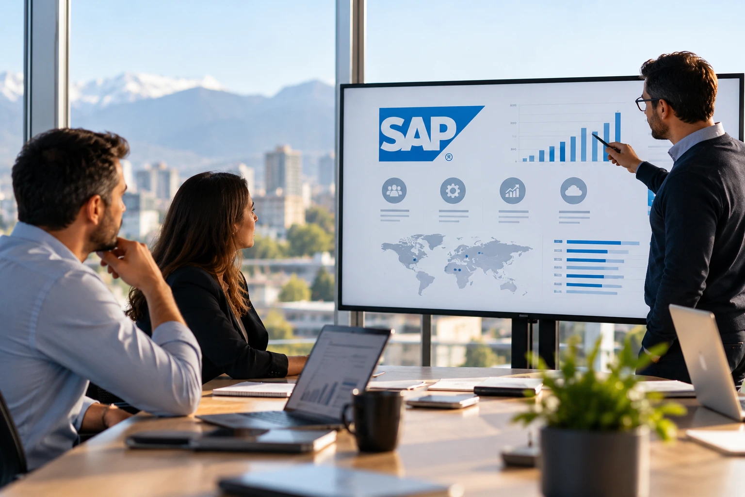 Equipo de profesionales analizando una solución SAP y resultados de negocio en una reunión Equipo de profesionales analizando una solución SAP y resultados de negocio en una reunión