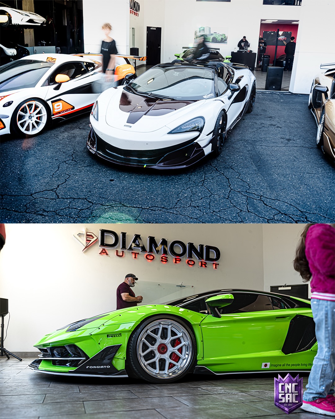 White McLaren and a green Lamborghini parked at an indoor event