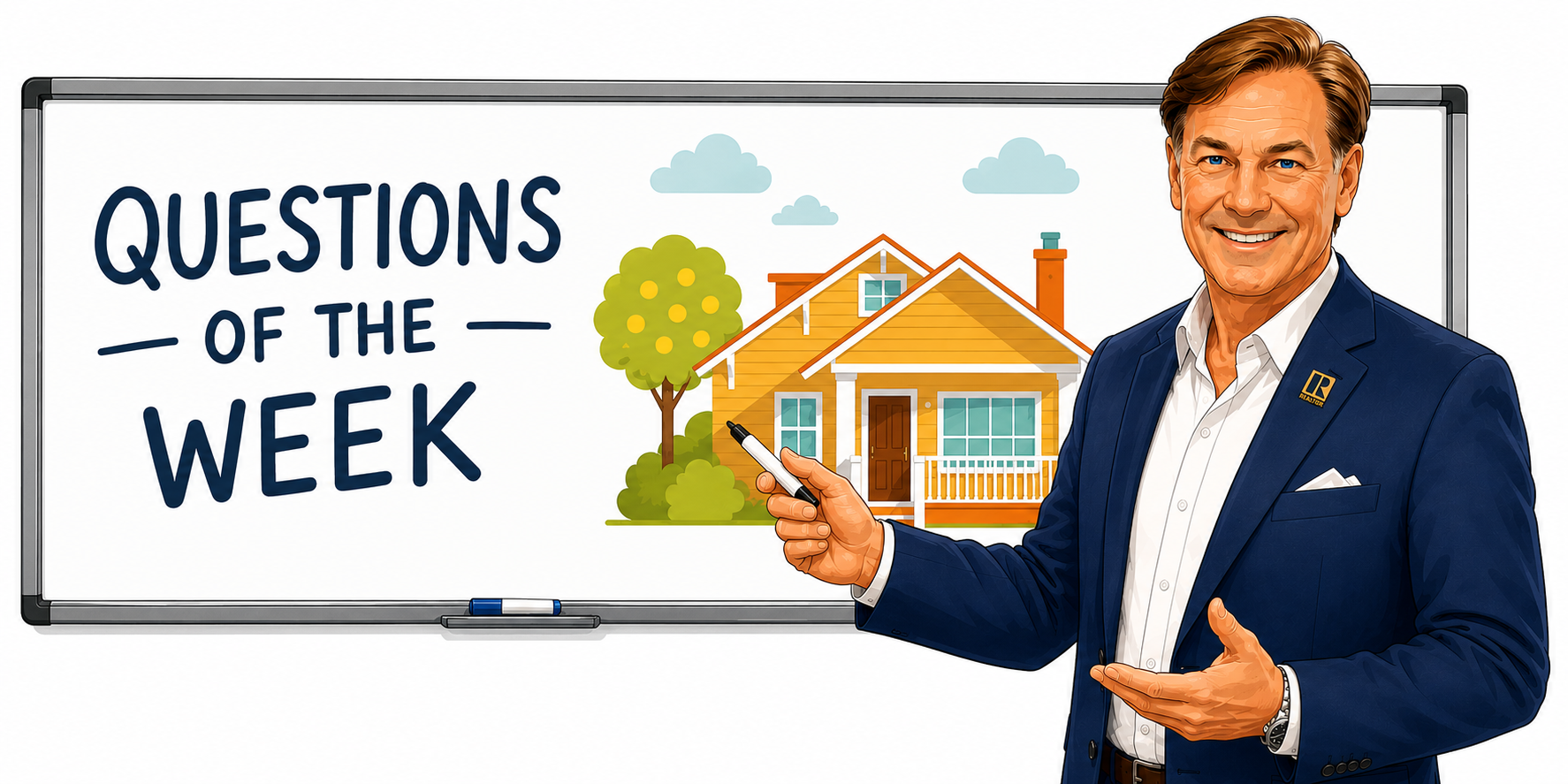 Dean Kwiatkoski standing at a whiteboard that reads Questions of the Week, pointing to a South Florida home