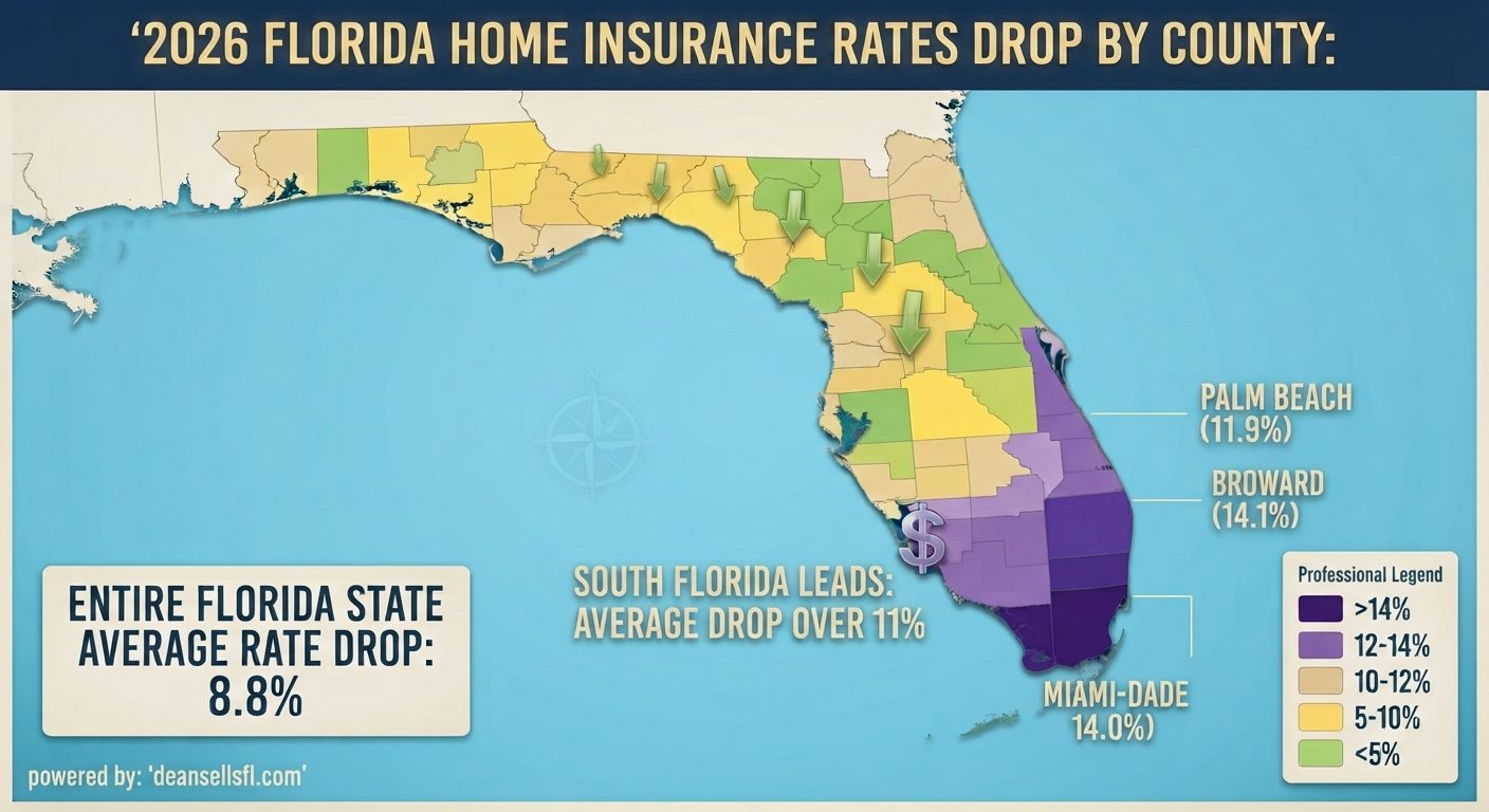 Florida statewide and Broward, Miami-Dade, Palm Beach County home insurance rate drops 2026