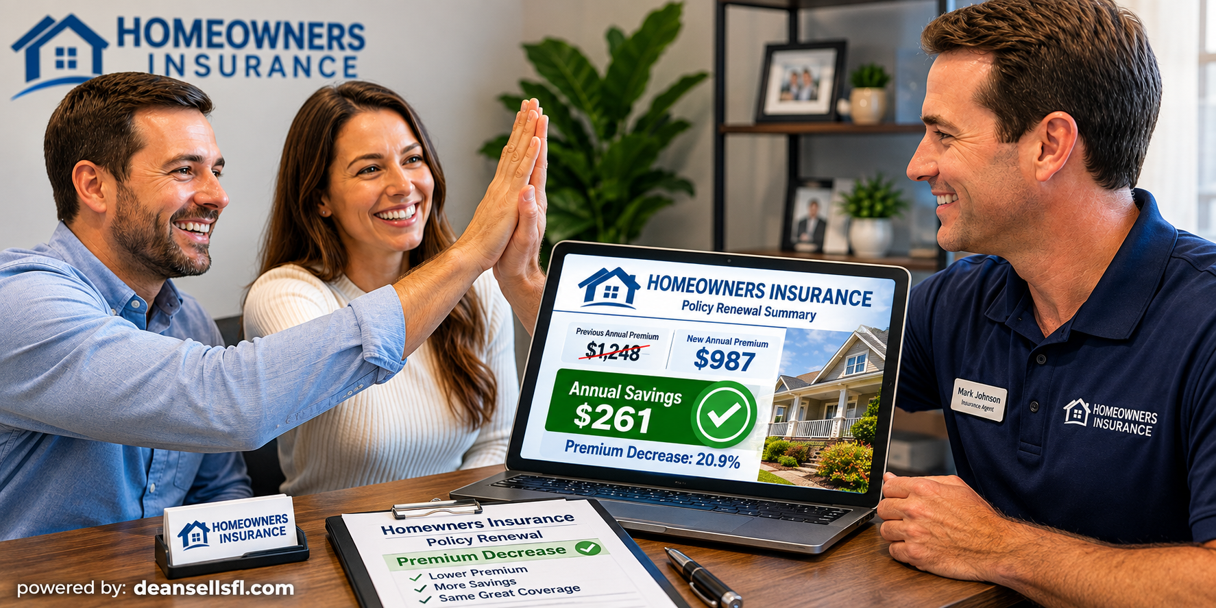 Homeowner reviewing lower insurance premium with agent at closing table, South Florida