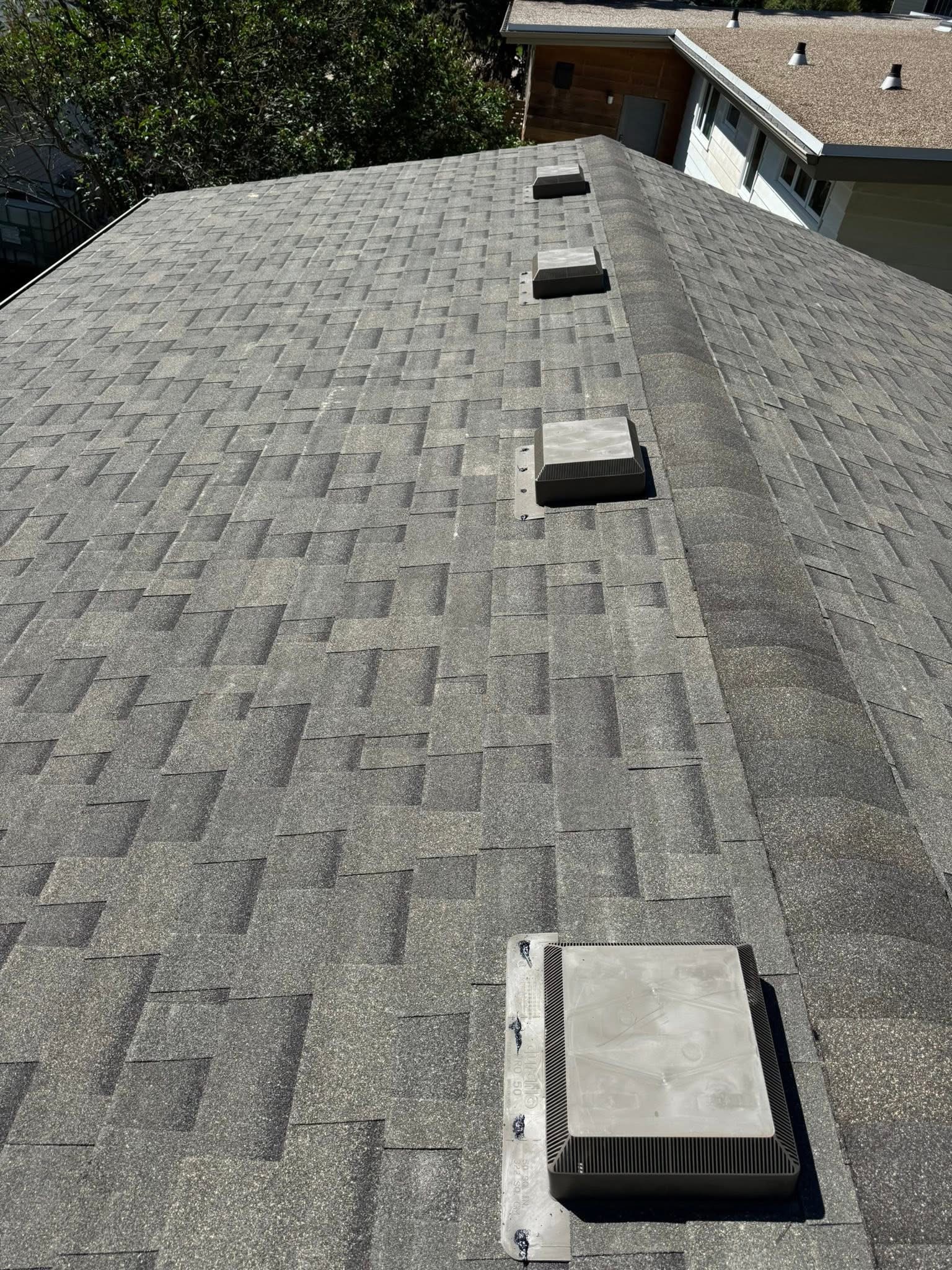 Residential roof with skylights and gray shingles