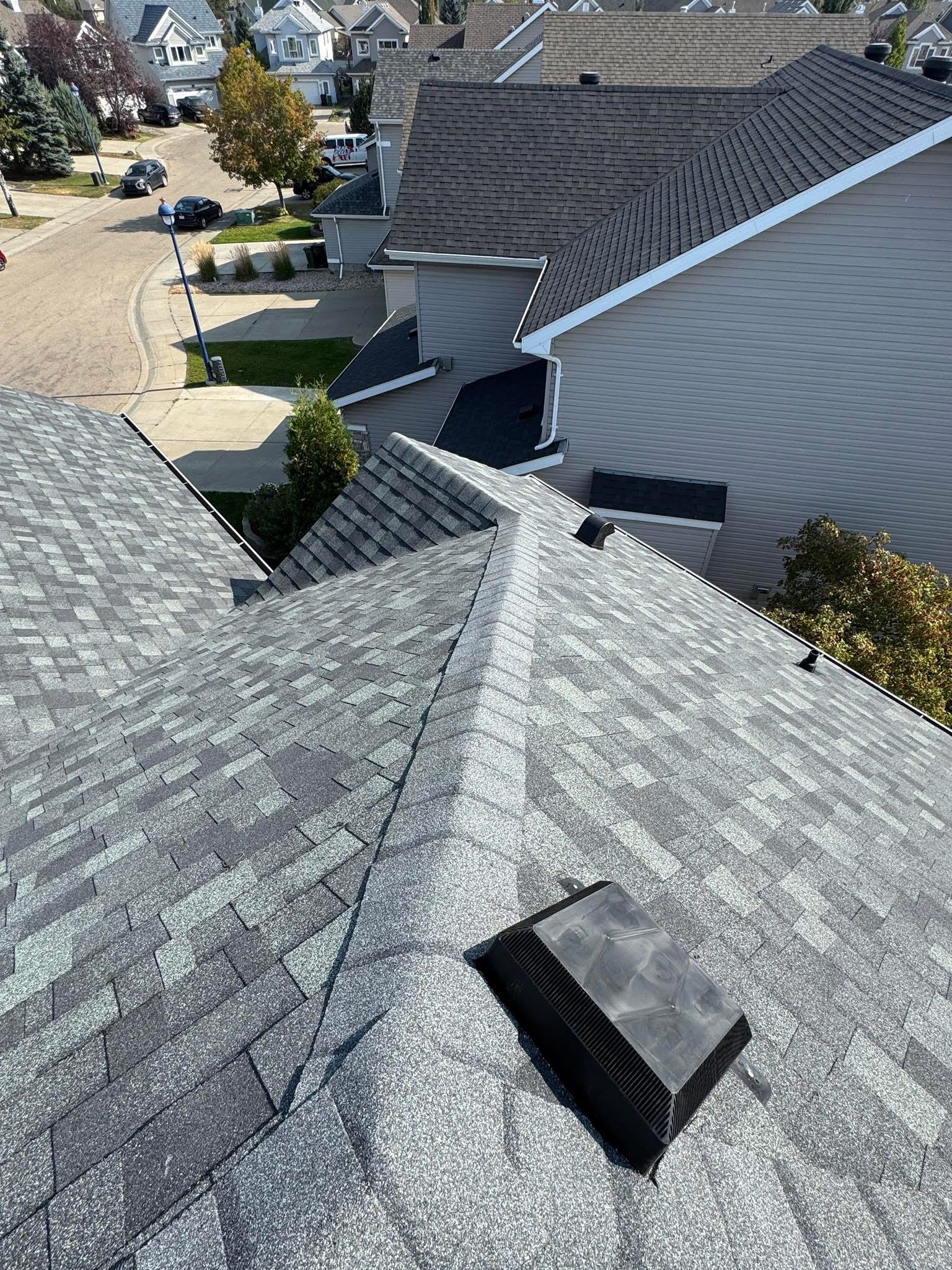 Residential roof shown from an elevated angle