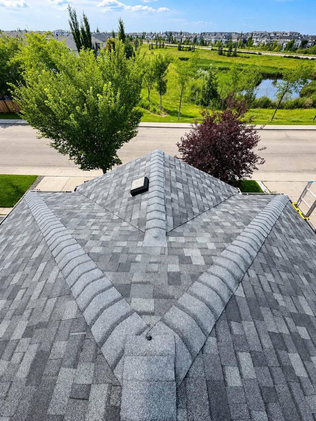 Residential roof with gray shingles and surrounding trees