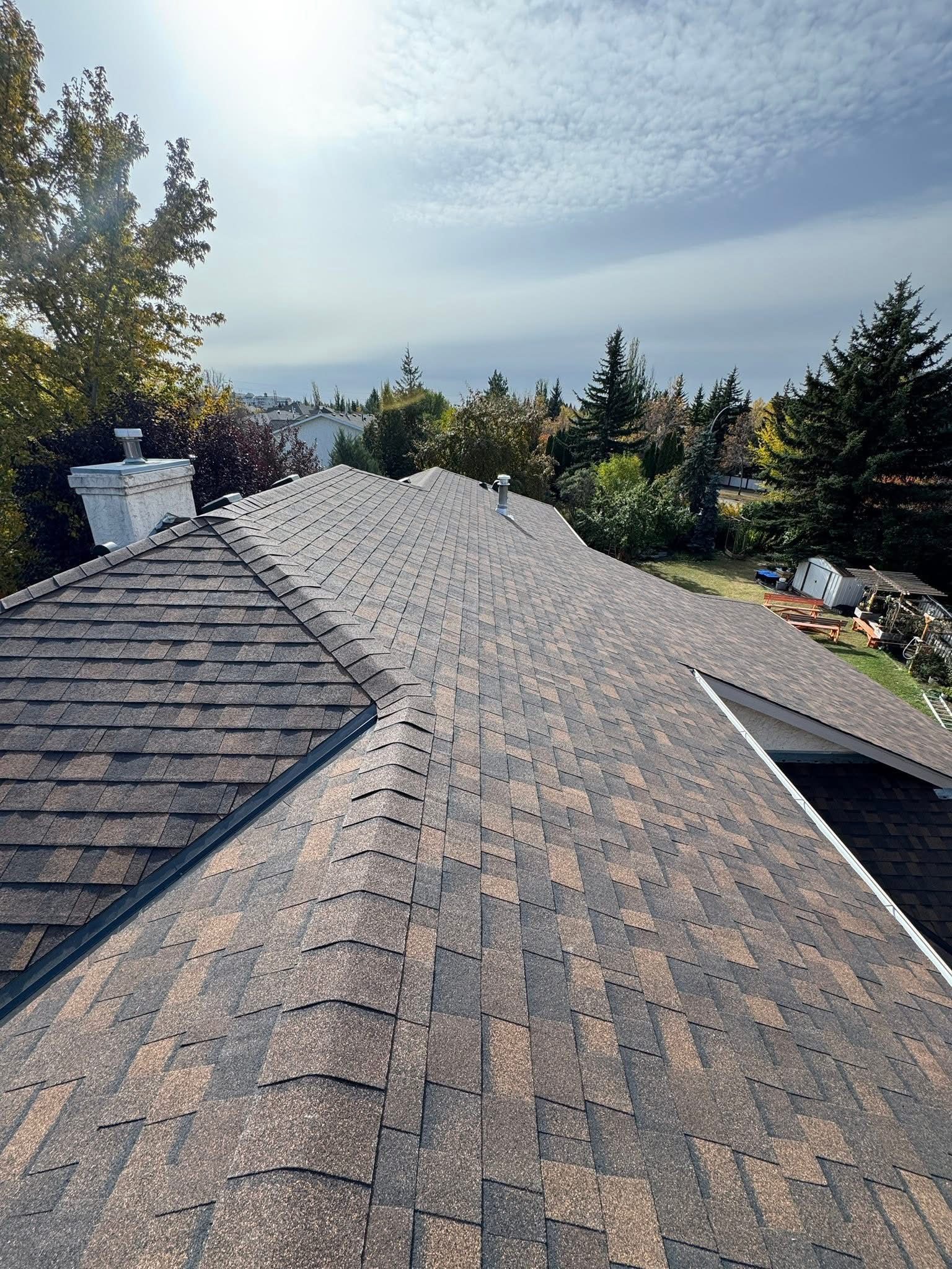 Residential roof with gray shingles and trees nearby