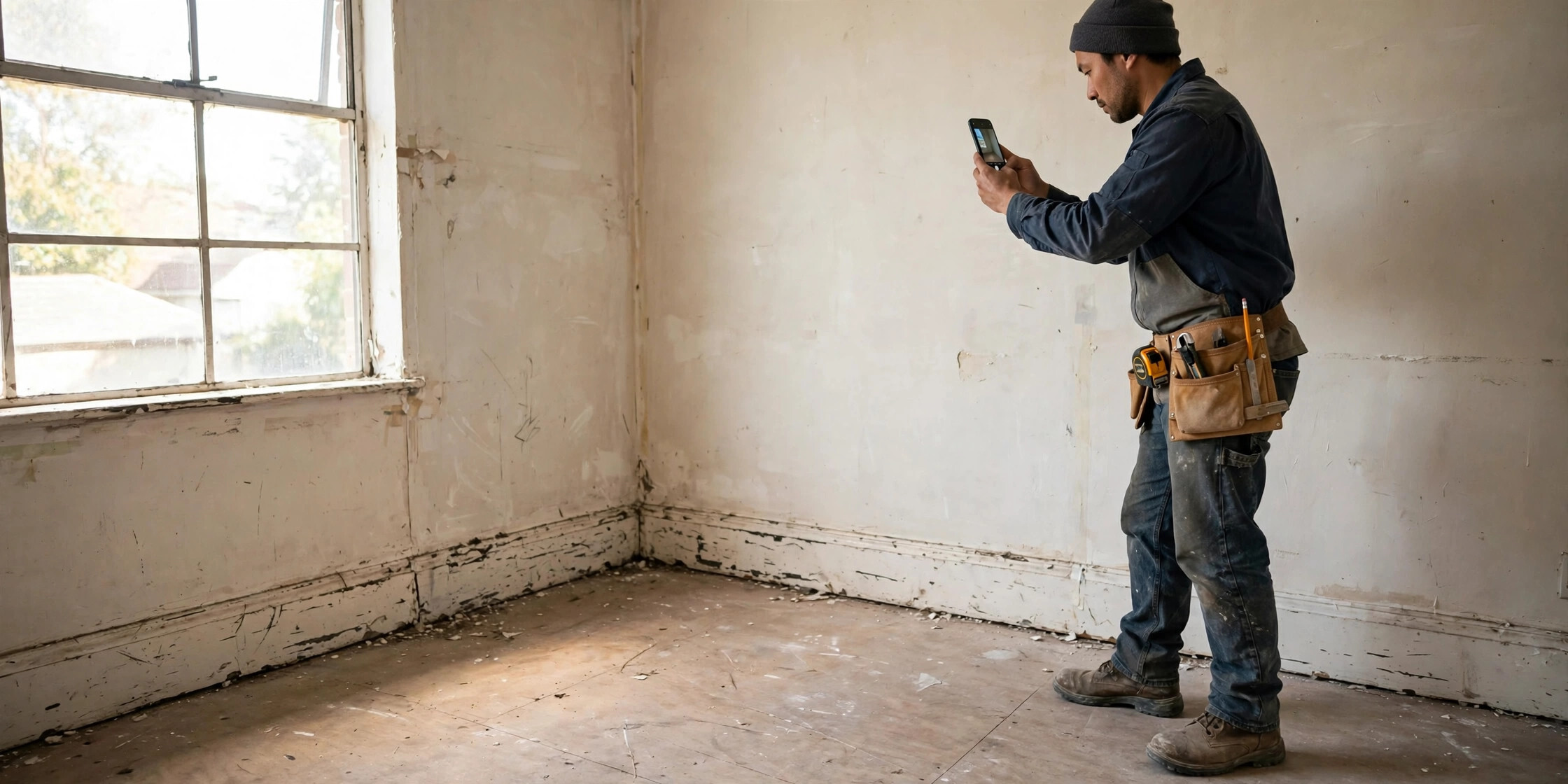 Contractor photographing existing wall and floor damage before starting work