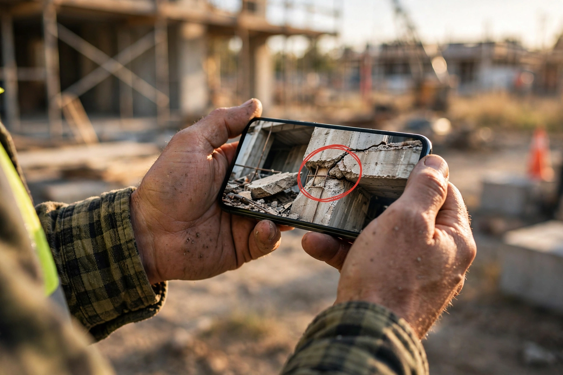 Contractor annotating a job photo on a phone, circling damage on screen