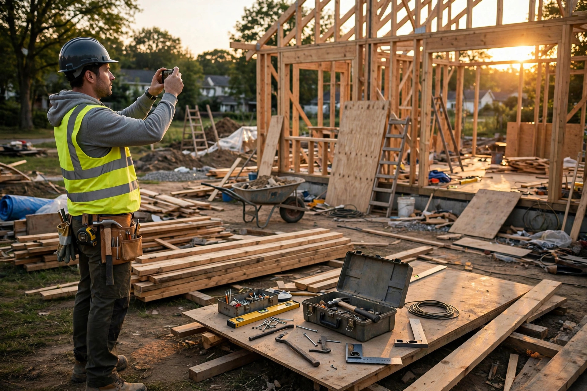 Contractor photographing daily progress on an active residential job site