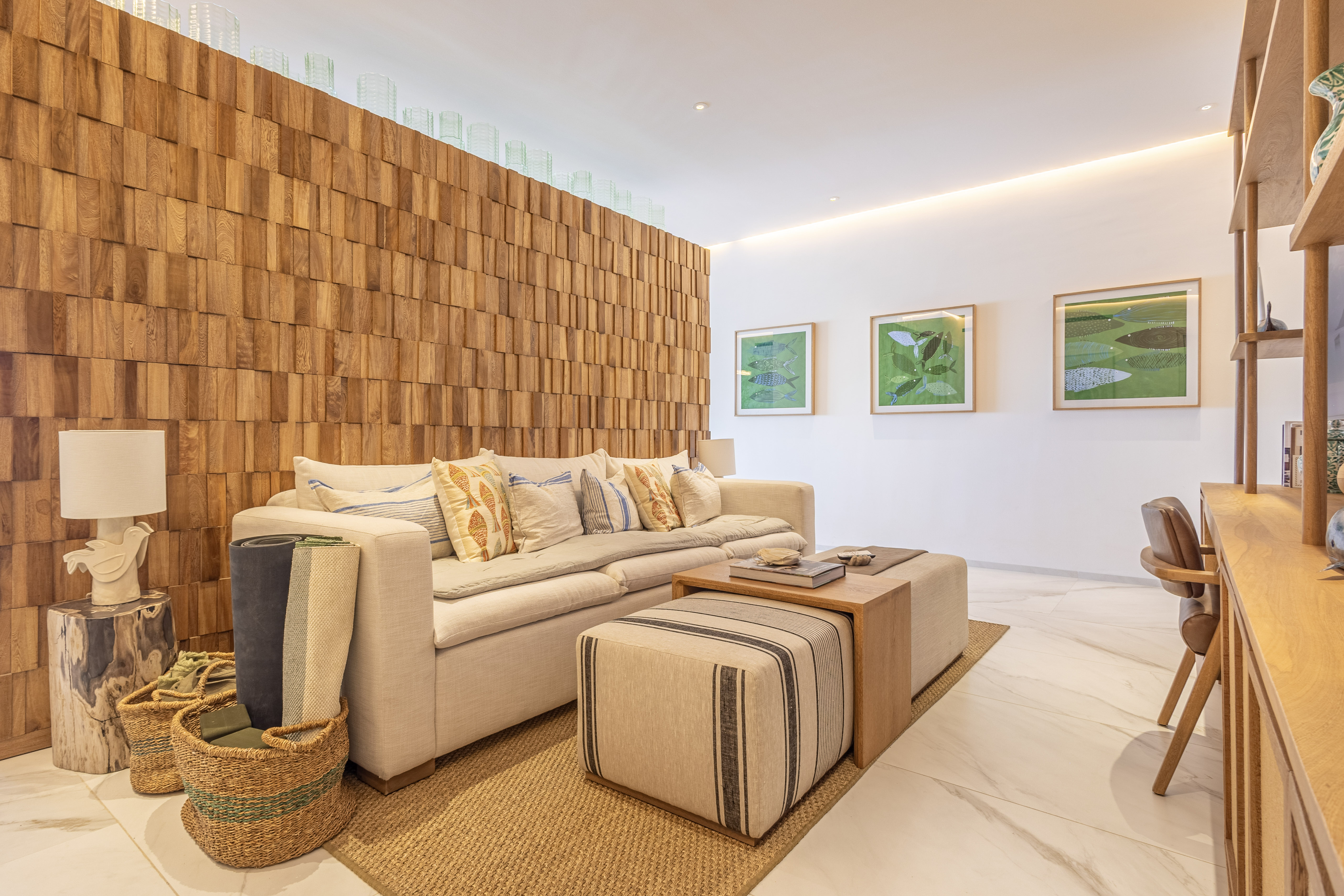 Sitting area with wood feature wall