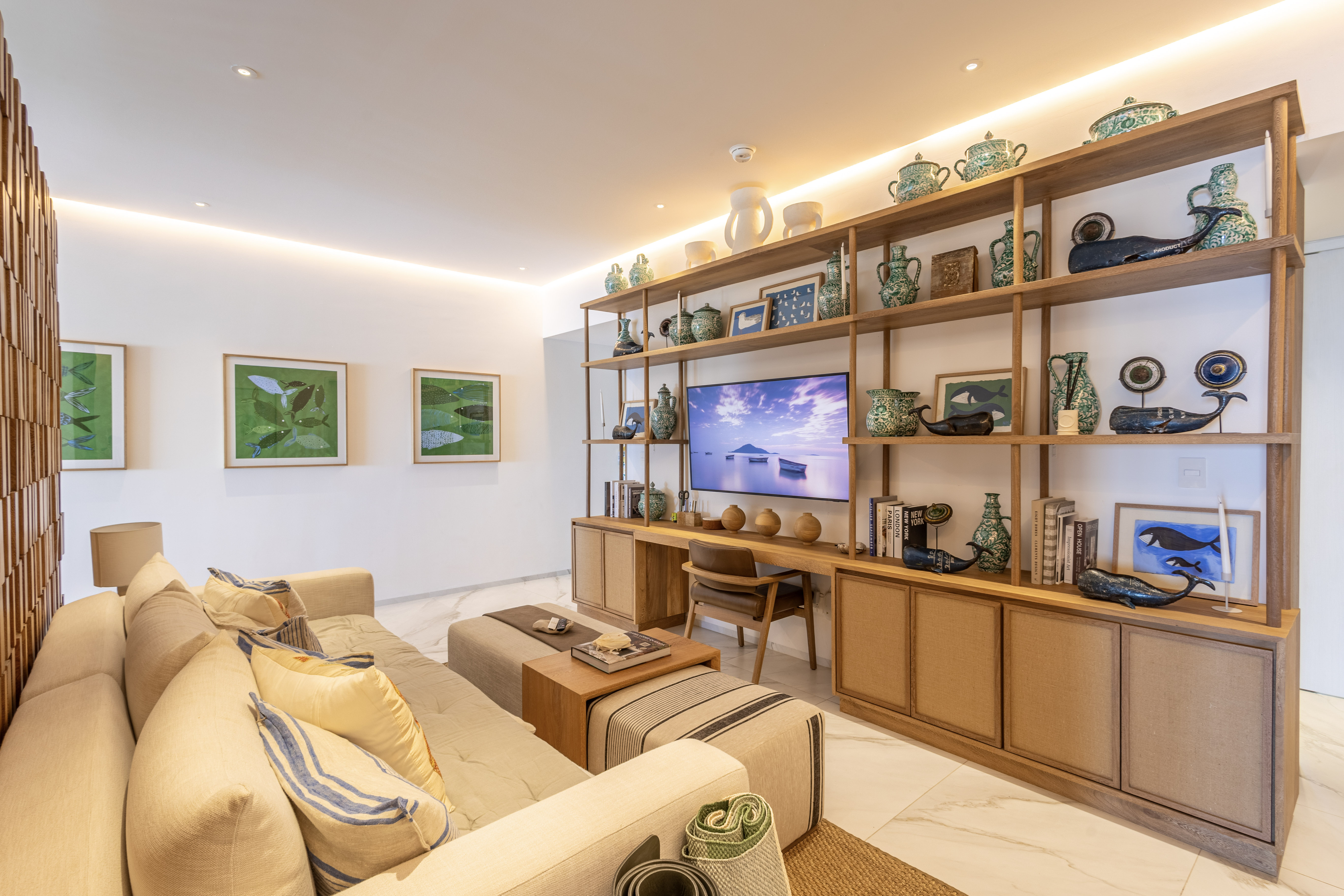 Living area with built-in shelving