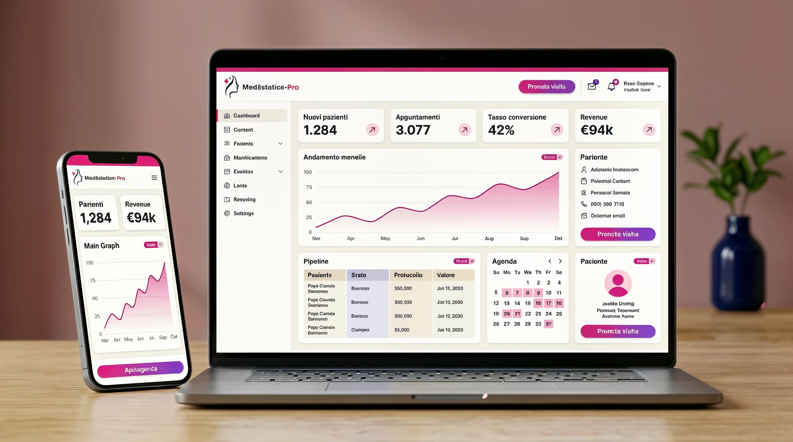 Dashboard di gestione pazienti e prenotazioni su laptop e mobile