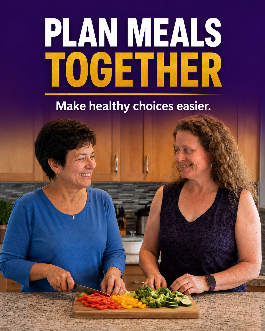 Alt text: Katharine Caines and another woman smiling while preparing peppers, broccoli and cucumber together.