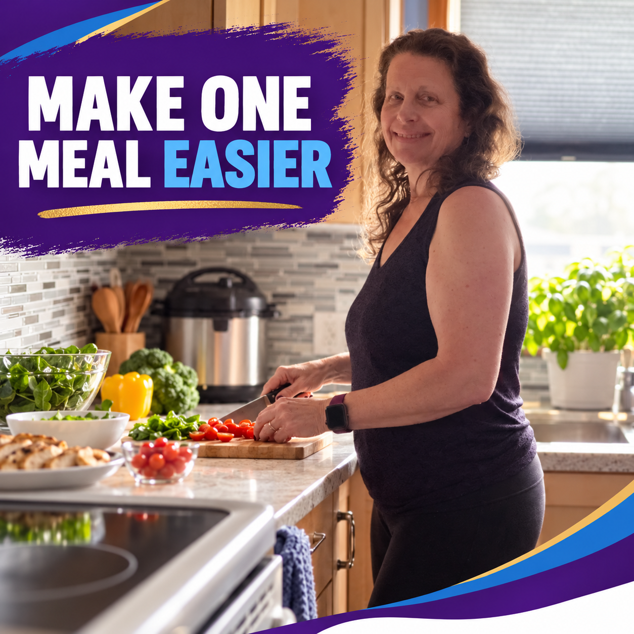 Katharine preparing a simple balanced meal with vegetables in her kitchen.