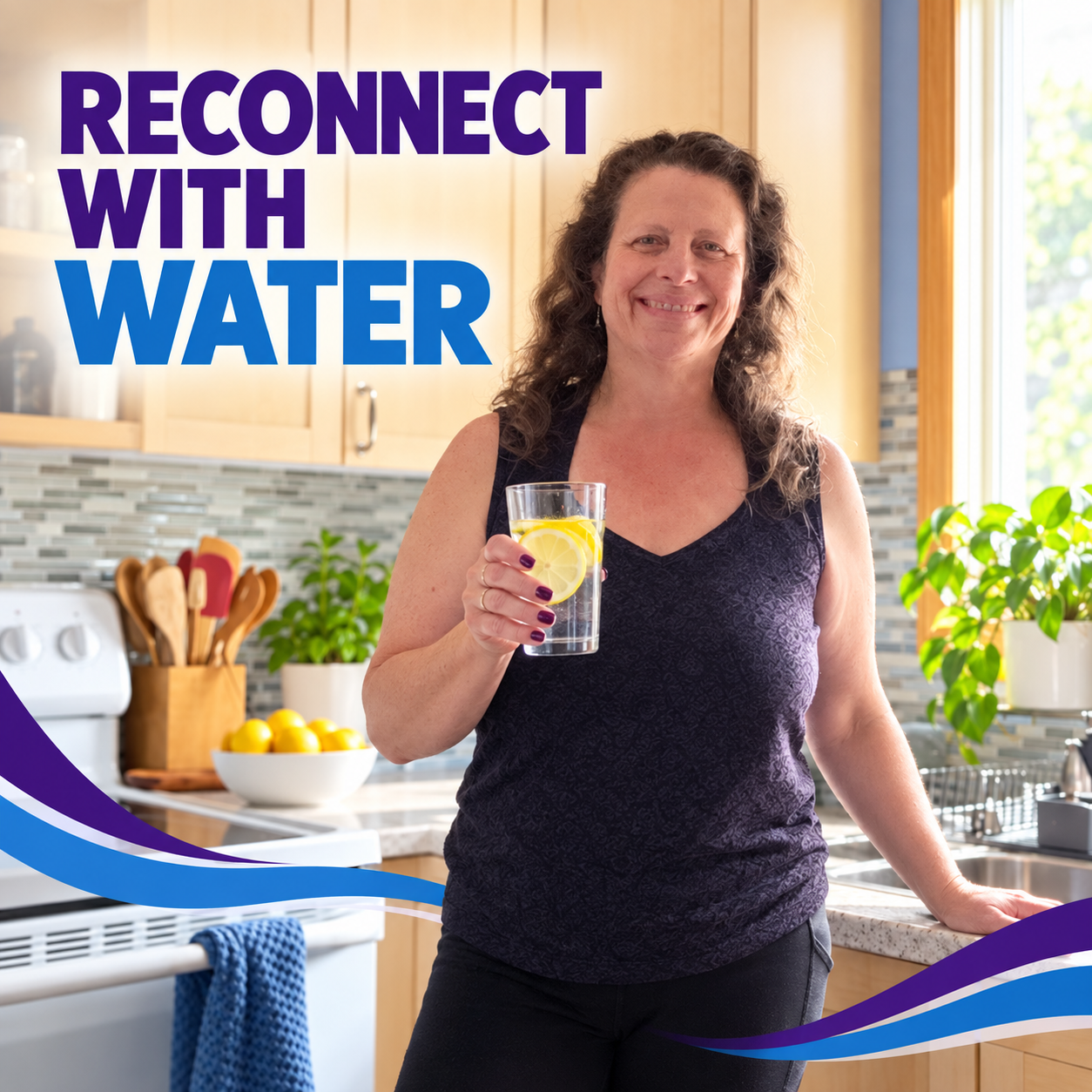 Katharine holding a glass of lemon water as part of a simple healthy eating reset after 40.